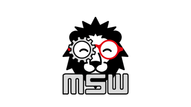 Grafisches Löwenlogo mit Zahnrad und roter Brille.