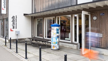 Ausssenansicht der Bibliothek Wülflingen. Eingang mit Glasfenstern.