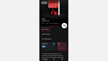 Screenshot der App mit der Menüoption "Buch öffnen"