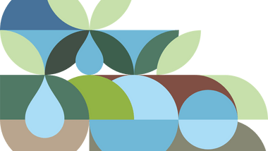 Abstraktes geometrisches Design mit Kreisen und Blattformen.
