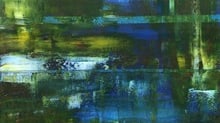 Abstraktes Gemälde mit blauen und grünen Pinselstrichen.