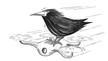 Zeichnung eines schwarzen Vogels auf einer fliegenden Drohne.