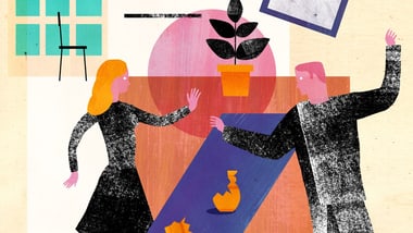 Illustration mit zwei stilisierten Personen und einem Pflanzentopf.