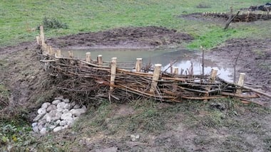 Ein geflochtener Zaun umgibt einen kleinen Teich in ländlicher Umgebung.