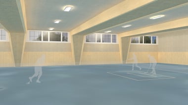 Innenansicht einer Sporthalle mit schattierten Figuren beim Spielen.