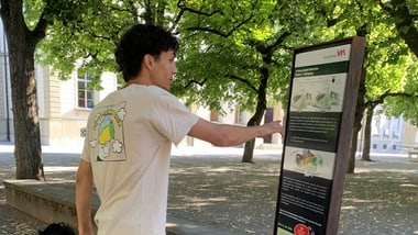 Person im weissen T-Shirt zeigt auf Infotafel in einem Park.