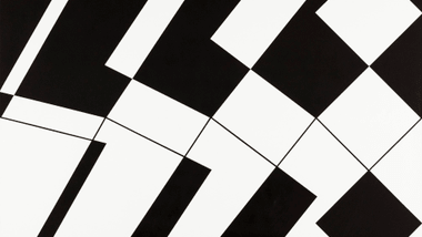 Schwarz-weisses geometrisches Muster mit überlappenden Rechtecken.