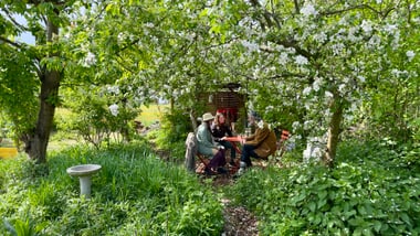 Drei Personen sitzen an einem Tisch unter blühenden Bäumen im Garten.