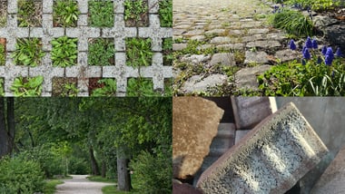 Collage der vier hier vorgestellen Arten von wasserdurchlässigen Belägen: Rasengittersteine, Kopfsteinpflaster, Kieswege und Klimasteine