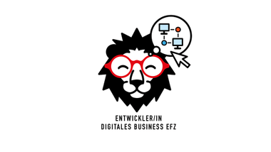 Löwe mit roten Brillen und digitalen Symbolen.