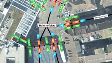 Vogelperspektive des Bahnhofplatzes mit eingetragenen Zahlen zu den Personenströmen
