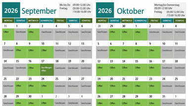 Kalender für September und Oktober 2026 mit Öffnungszeiten.