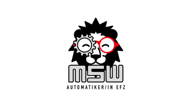 Stilisiertes Löwenlogo mit Zahnrad und Brille.