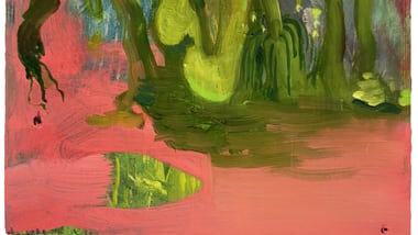 Abstraktes Gemälde mit grünen und rosa Pinselstrichen.