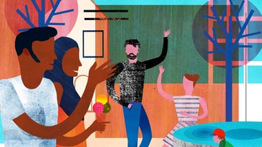 Illustration von Personen in einem sonnigen Innenhof mit Bäumen.