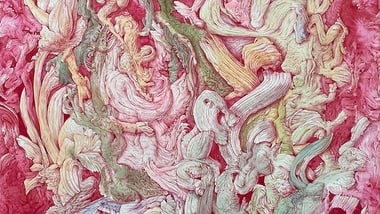 Abstraktes Kunstwerk mit geschwungenen Formen in Rosa und Grün.