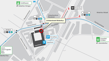 Stadtplan von Winterthur mit Routen und wichtigen Orten markiert.