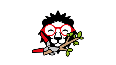 Cartoon-Löwe mit Brille hält Astschere und Zweig.