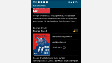 Screenshot der App mit Buchinformationen und einem Glocken-Symbol
