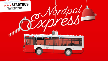 Illustration eines Busses mit weihnachtlichen Ornamenten auf rotem Hintergrund.