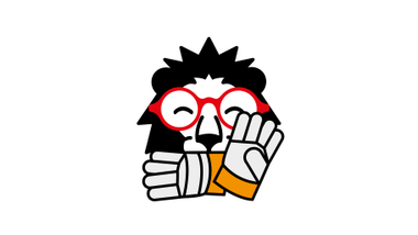 Illustration eines stilisierten Löwenkopfes mit roten Brillen und Handschuhen.