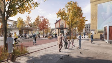 Strassenszene mit Menschen und Herbstbäumen.