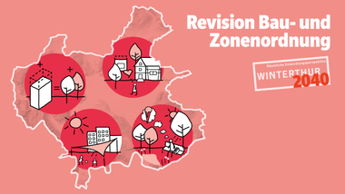 Grafik mit Illustrationen von Gebäuden und Bäumen auf orangefarbenem Hintergrund.