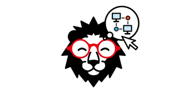 Löwenkopf mit roten Brillen und einem Symbol für Netzwerke.