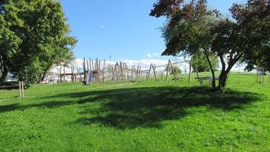 Wiese mit Bäumen und Spielplatz unter blauem Himmel.