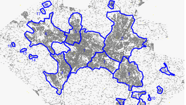 Karte mit blau umrandeten Bereichen und nummerierten Markierungen.