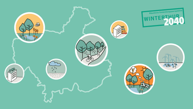 Illustration einer Karte mit verschiedenen Symbolen und Kreisen, beschriftet mit 'Winterthur 2040'.