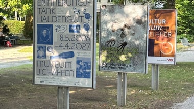 Drei Plakate auf Ständern in einem Park.