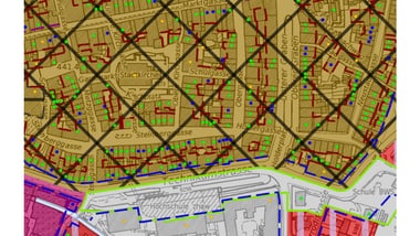Farbiger Zonenplan einer Stadt mit markierten Bereichen.