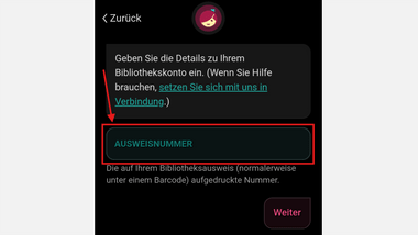 Screenshot der App zur Eingabe der Bibliotheksausweisnummer.