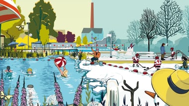 Illustration eines Teiches mit Menschen beim Schwimmen und Wintersport.