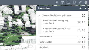 3D-Kartenansicht einer Stadt mit einer geöffneten Layer-Liste.