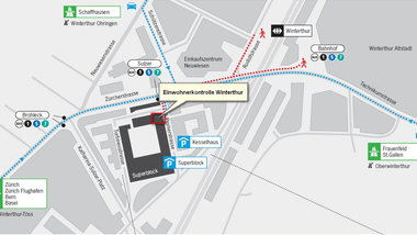 Karte von Winterthur mit eingezeichneten Fusswegen und Parkplätzen.