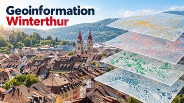 Stadtansicht mit Kirche und schwebenden transparenten Karten.