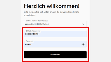 Anmeldeformular mit Eingabe Bibliothekskartennummer und Passwort.