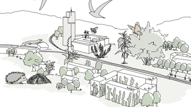 Illustration einer grünen Stadt mit Gebäuden, Bäumen und Tieren.