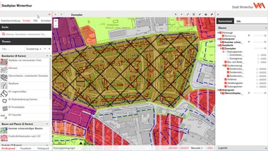 Screenshot eines Stadtplans mit farbigen Zonen und Menüs.