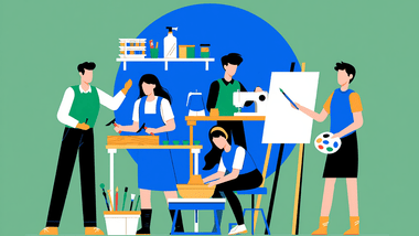 Fünf Personen arbeiten an Kunstprojekten mit verschiedenen Werkzeugen.