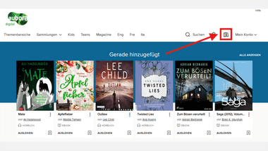 Screenshot der Website mit dem Büchersymbol um auf das Regal zu kommen