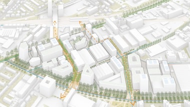 Architekturmodell einer Stadt mit Gebäuden und Bäumen.
