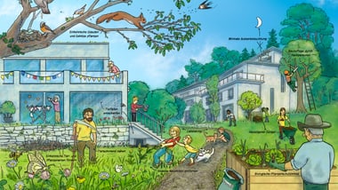 Nachhaltiger Garten mit spielenden Kindern, einheimischen Pflanzen und Tieren.