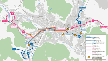 Die Karte zeigt die Stadtbus-Linien 5 und 7 und welche Teile davon neu erschlossen werden.