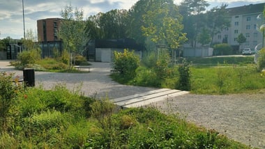 Grüne Parklandschaft mit Gehwegen und Gebäuden im Hintergrund.