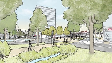 Illustration einer städtischen Umgebung mit Bäumen und Hochhaus.