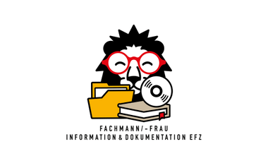 Illustration eines Löwen mit Brille, Ordner, Buch und CD.