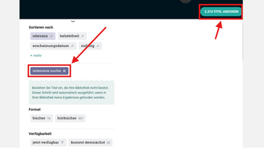 Screenshot mit der Filteroption "intensive Suche"